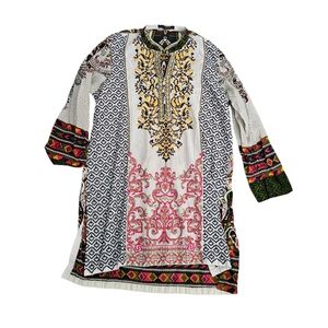 Limelight Embroidered Kurta Large White Floral Tunic Dress Cotton Cover-Up Boho